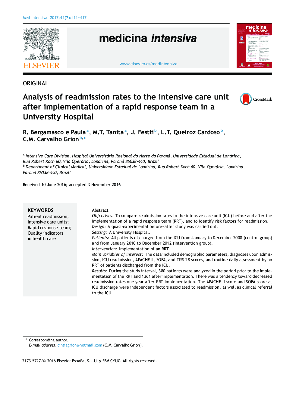 Analysis of readmission rates to the intensive care unit after implementation of a rapid response team in a University Hospital