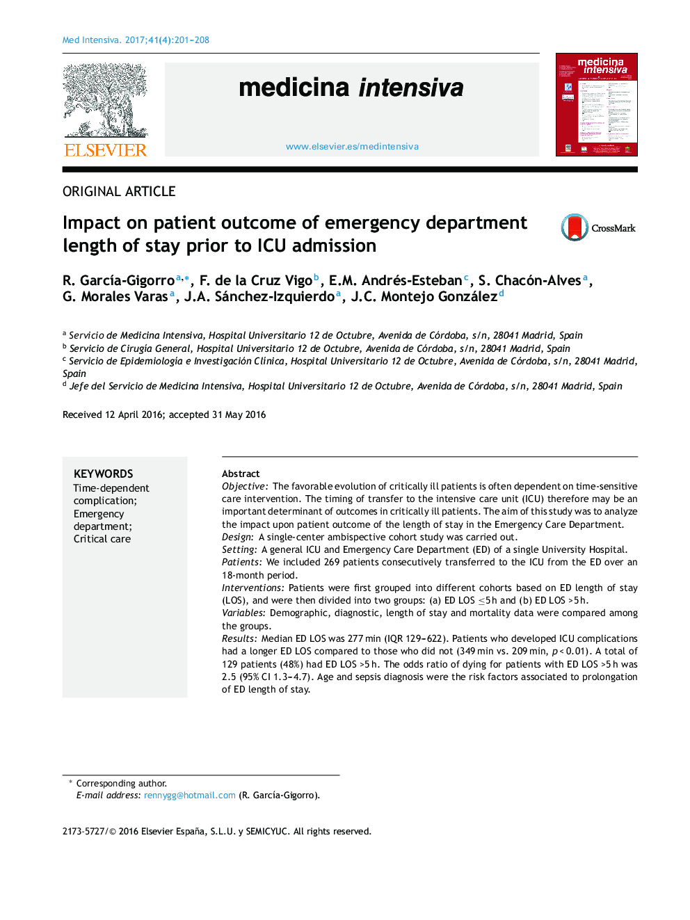 عکس صفحه اول مقاله: Impact on patient outcome of emergency department length of stay prior to ICU admission Impact on patient outcome of emergency department length of stay prior to ICU admission