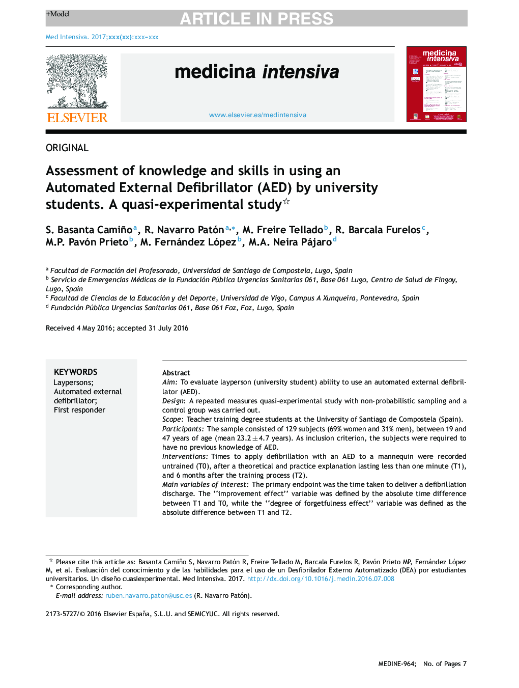 Assessment of knowledge and skills in using an Automated External Defibrillator (AED) by university students. A quasi-experimental study