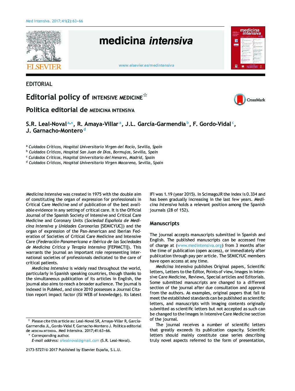 Editorial policy of intensive medicine