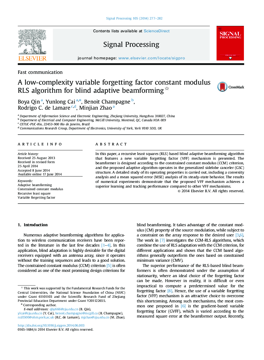 A low-complexity variable forgetting factor constant modulus RLS algorithm for blind adaptive beamforming 