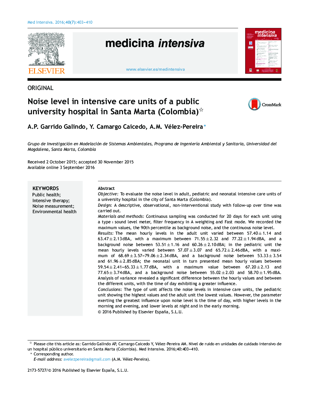 Noise level in intensive care units of a public university hospital in Santa Marta (Colombia)