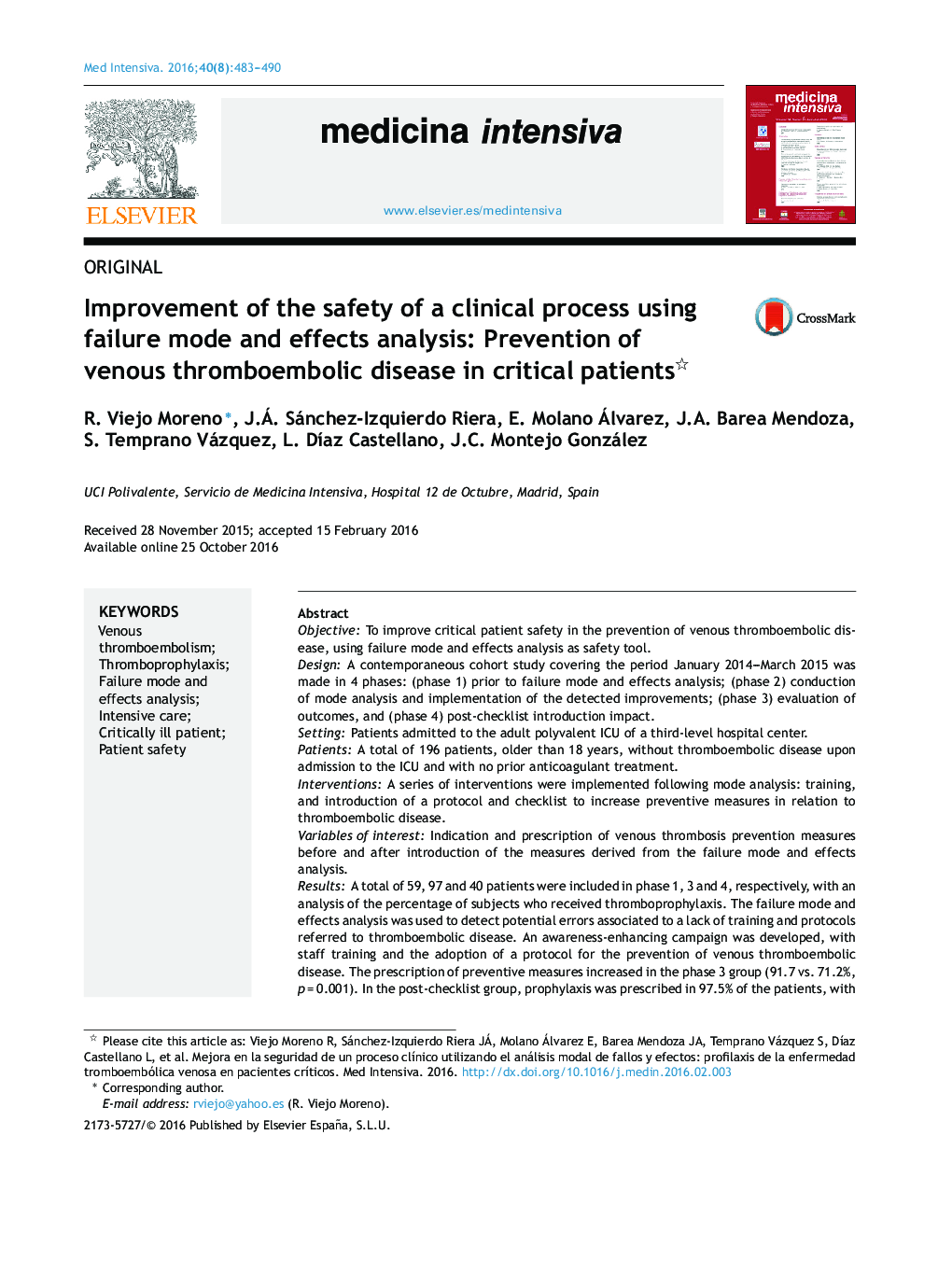 Improvement of the safety of a clinical process using failure mode and effects analysis: Prevention of venous thromboembolic disease in critical patients