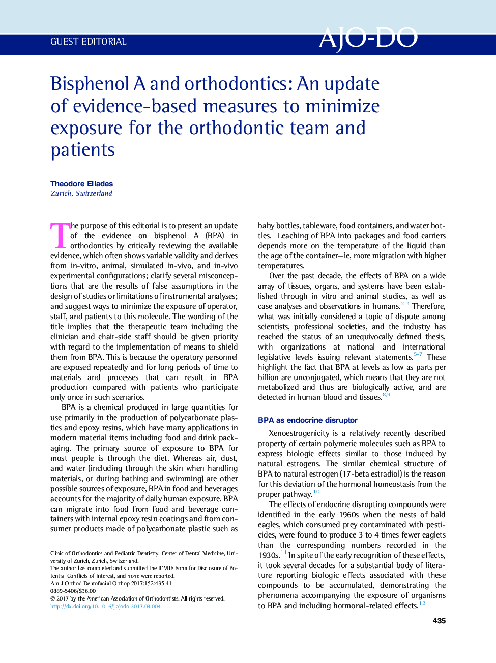 Bisphenol A and orthodontics: An update of evidence-based measures to minimize exposure for the orthodontic team and patients