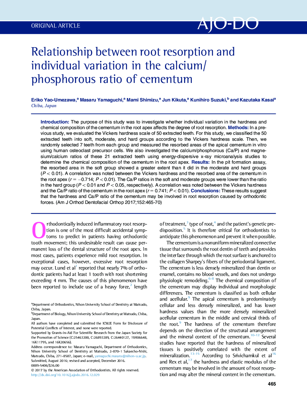 Relationship between root resorption and individual variation in the calcium/phosphorous ratio of cementum