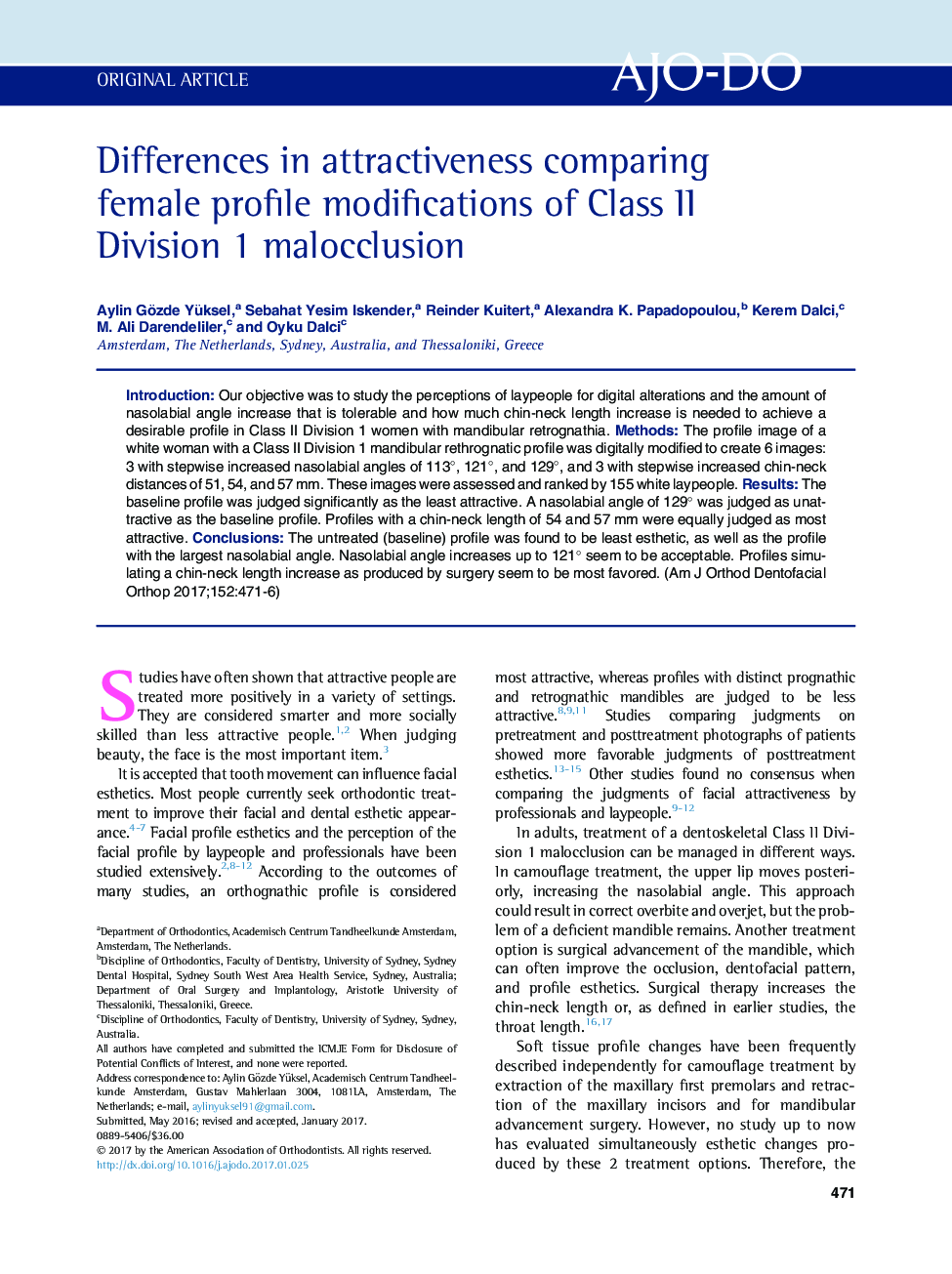 Differences in attractiveness comparing female profile modifications of Class II Division 1 malocclusion