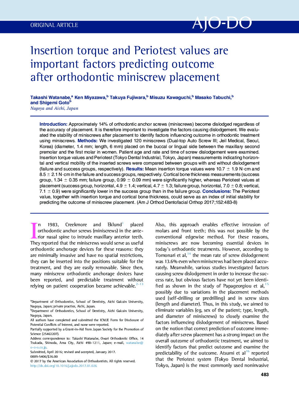 Insertion torque and Periotest values are important factors predicting outcome after orthodontic miniscrew placement