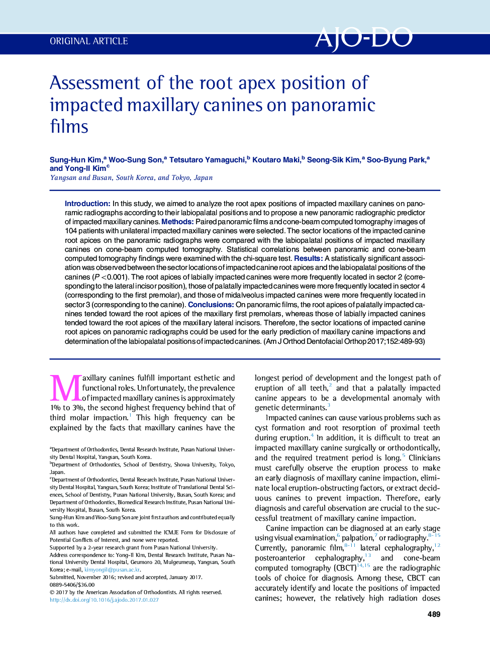 Assessment of the root apex position of impacted maxillary canines on panoramic films