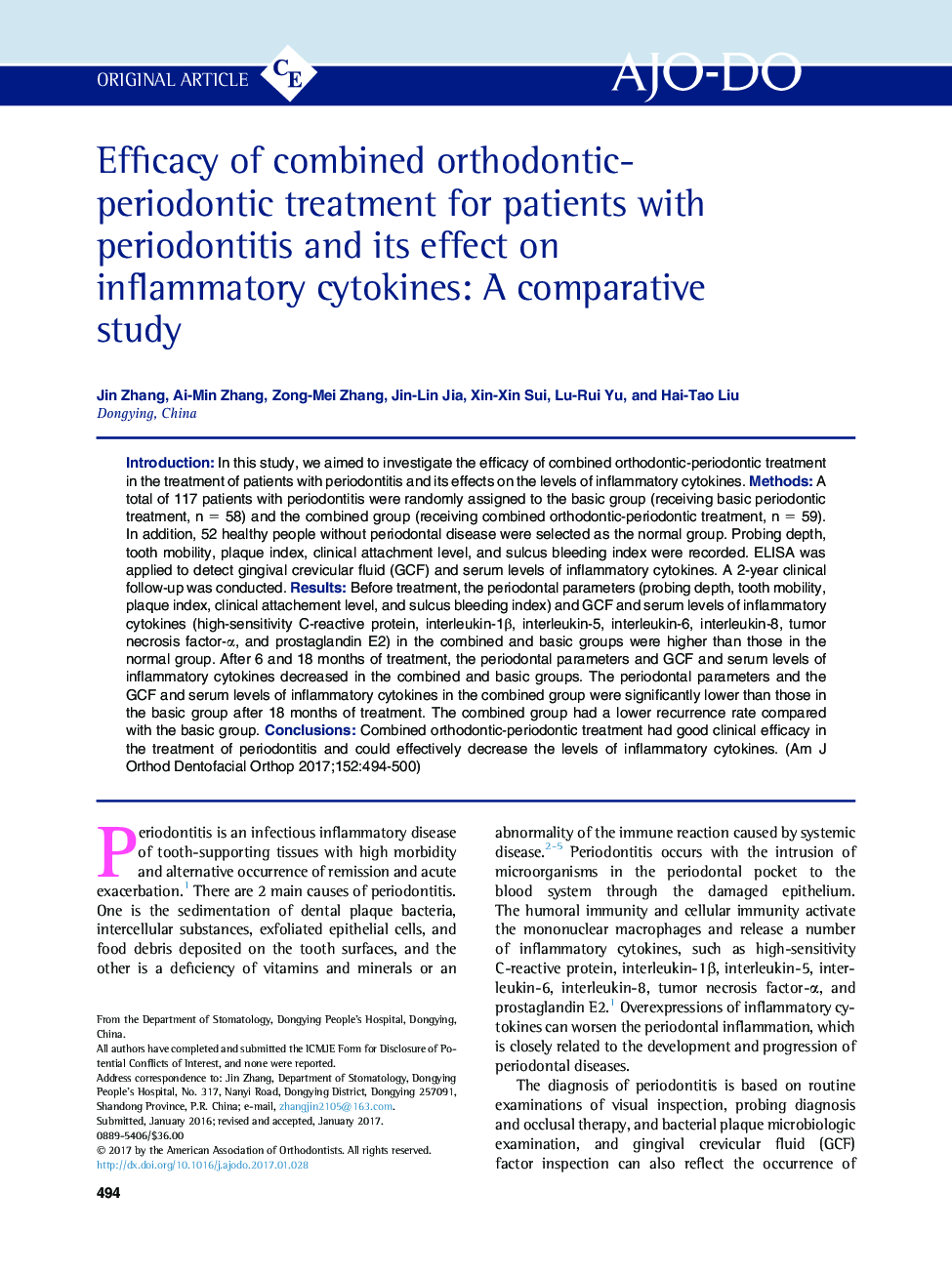 Efficacy of combined orthodontic-periodontic treatment for patients with periodontitis and its effect on inflammatory cytokines: A comparative study