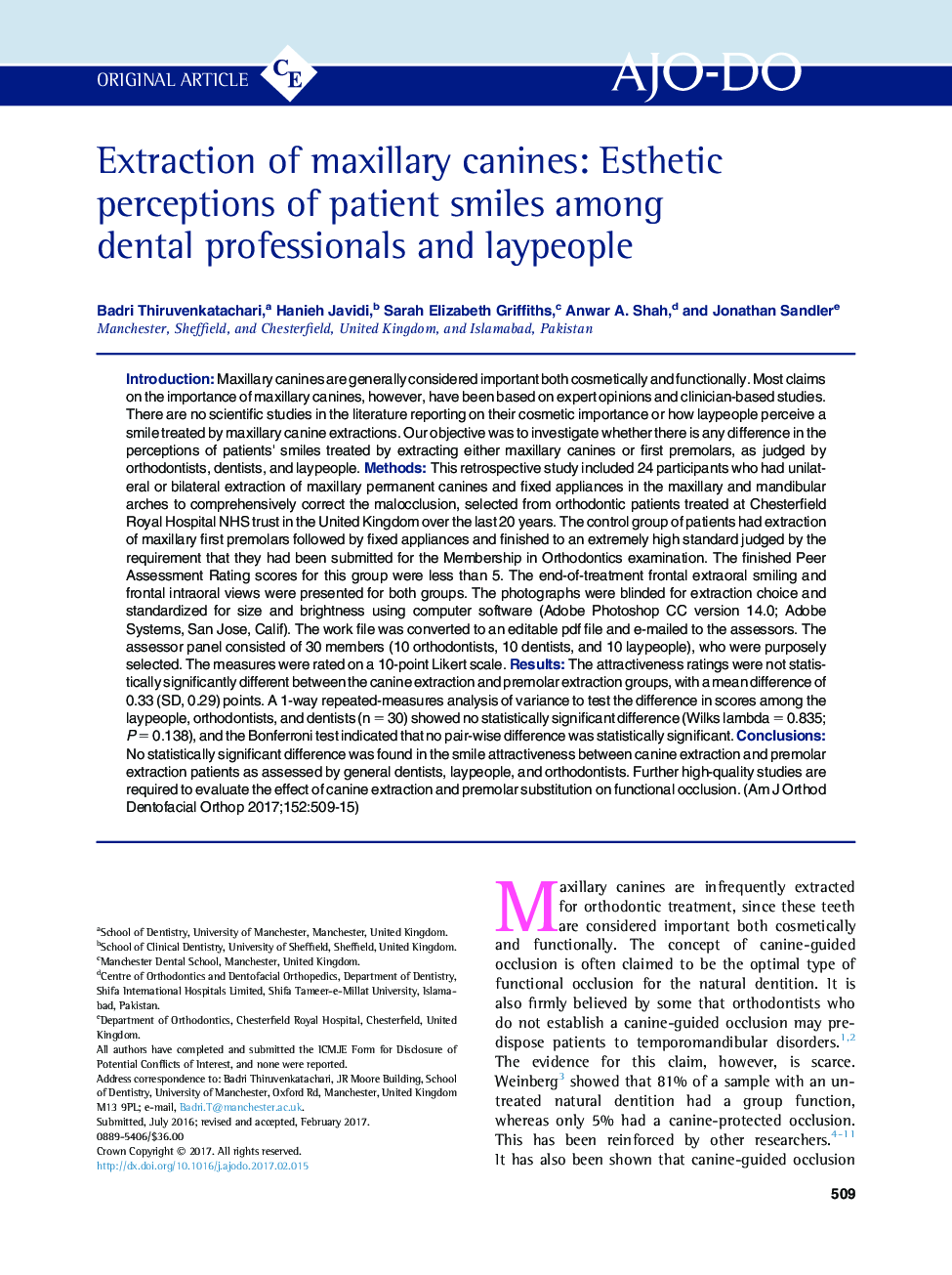 Extraction of maxillary canines: Esthetic perceptions of patient smiles among dental professionals and laypeople