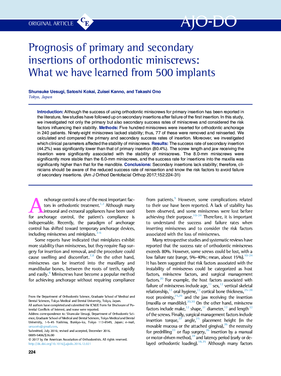 Prognosis of primary and secondary insertions of orthodontic miniscrews: What we have learned from 500 implants