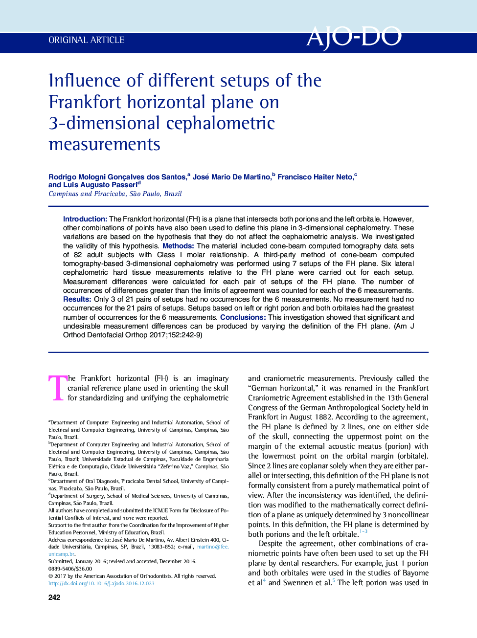 Influence of different setups of the Frankfort horizontal plane on 3-dimensional cephalometric measurements