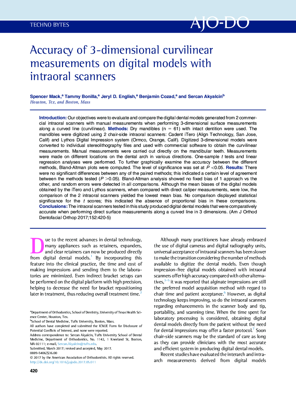 Accuracy of 3-dimensional curvilinear measurements on digital models with intraoral scanners