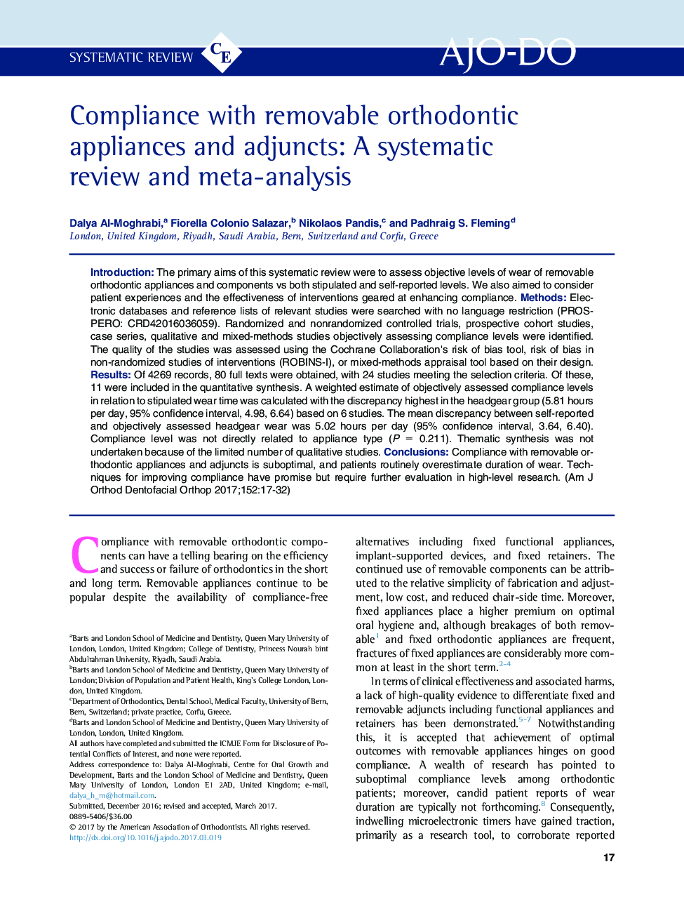 Compliance with removable orthodontic appliances and adjuncts: A systematic review and meta-analysis