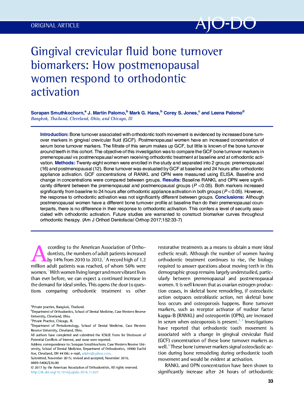 Gingival crevicular fluid bone turnover biomarkers: How postmenopausal women respond to orthodontic activation