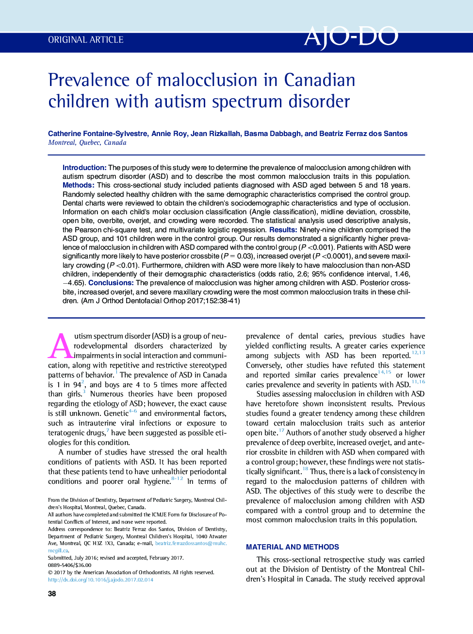 Prevalence of malocclusion in Canadian children with autism spectrum disorder