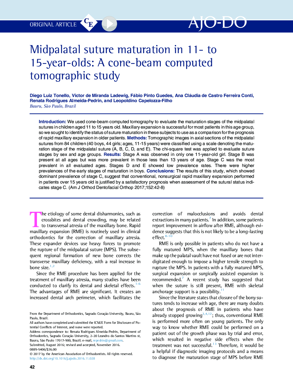 Midpalatal suture maturation in 11- to 15-year-olds: A cone-beam computed tomographic study