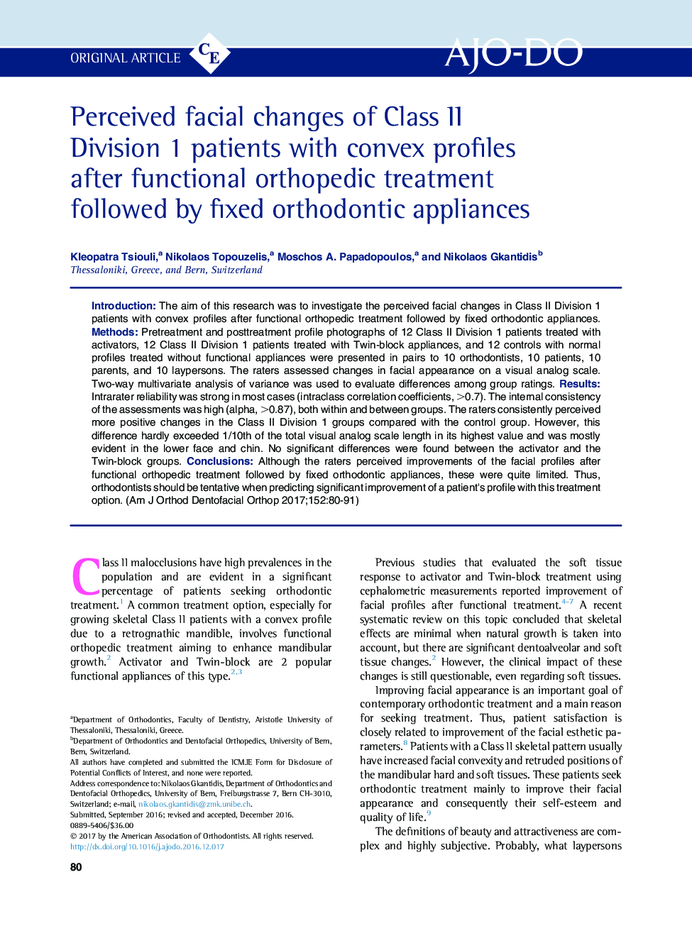 Perceived facial changes of Class II Division 1 patients with convex profiles after functional orthopedic treatment followed by fixed orthodontic appliances