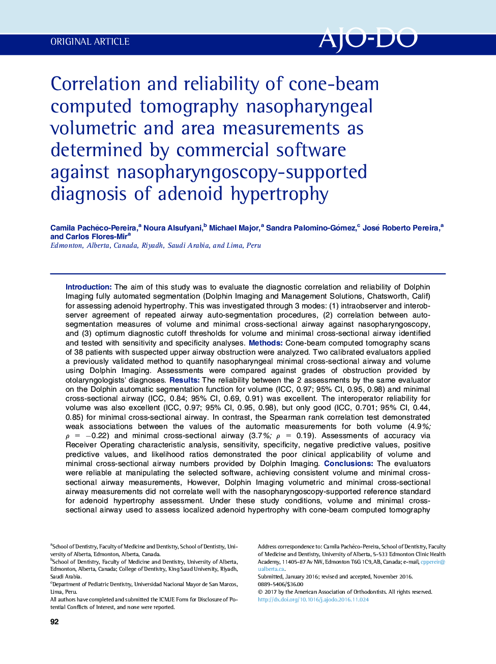 Correlation and reliability of cone-beam computed tomography nasopharyngeal volumetric and area measurements as determined by commercial software against nasopharyngoscopy-supported diagnosis of adenoid hypertrophy