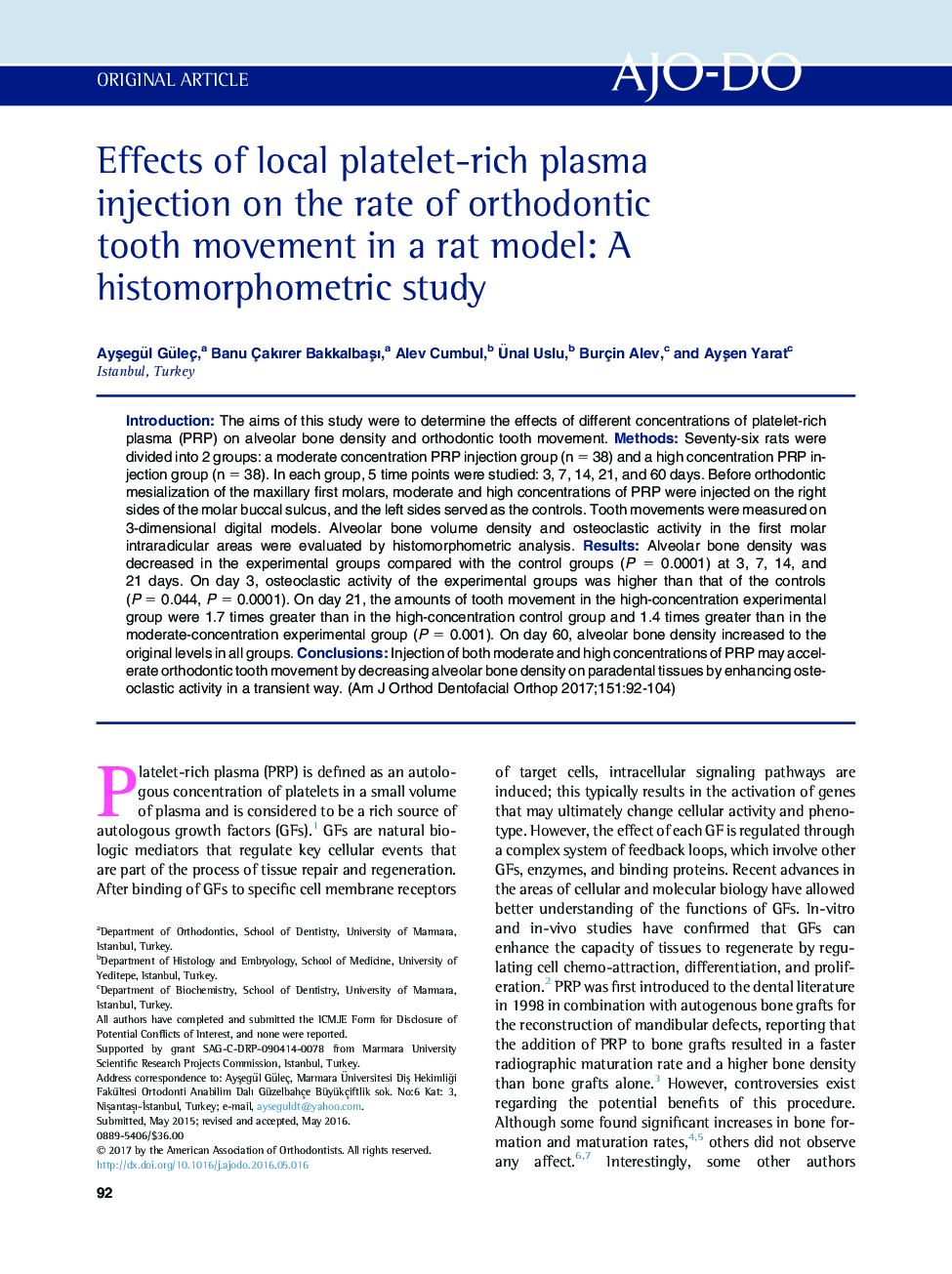 Effects of local platelet-rich plasma injection on the rate of orthodontic tooth movement in a rat model: A histomorphometric study