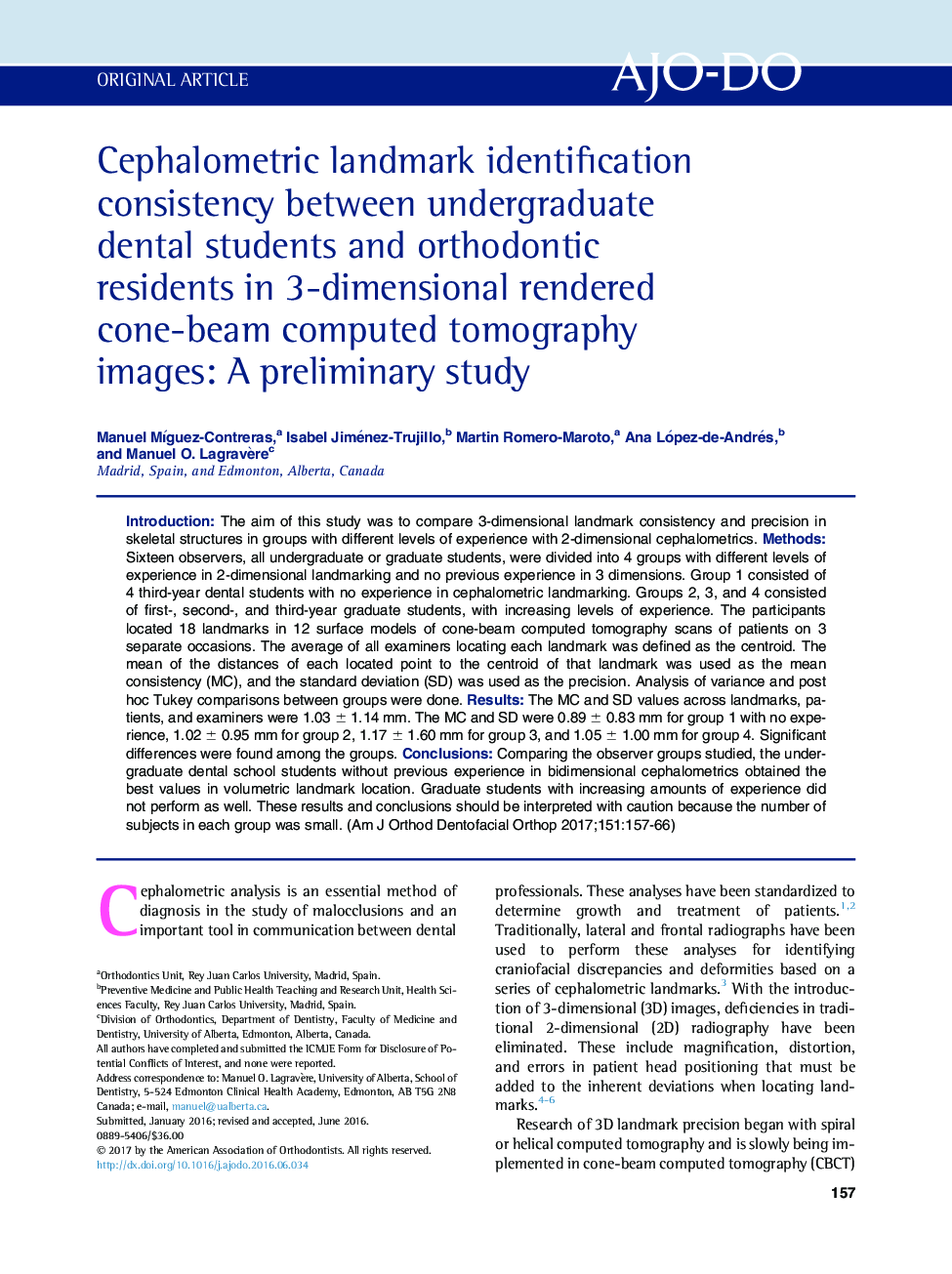 Cephalometric landmark identification consistency between undergraduate dental students and orthodontic residents in 3-dimensional rendered cone-beam computed tomography images: A preliminary study