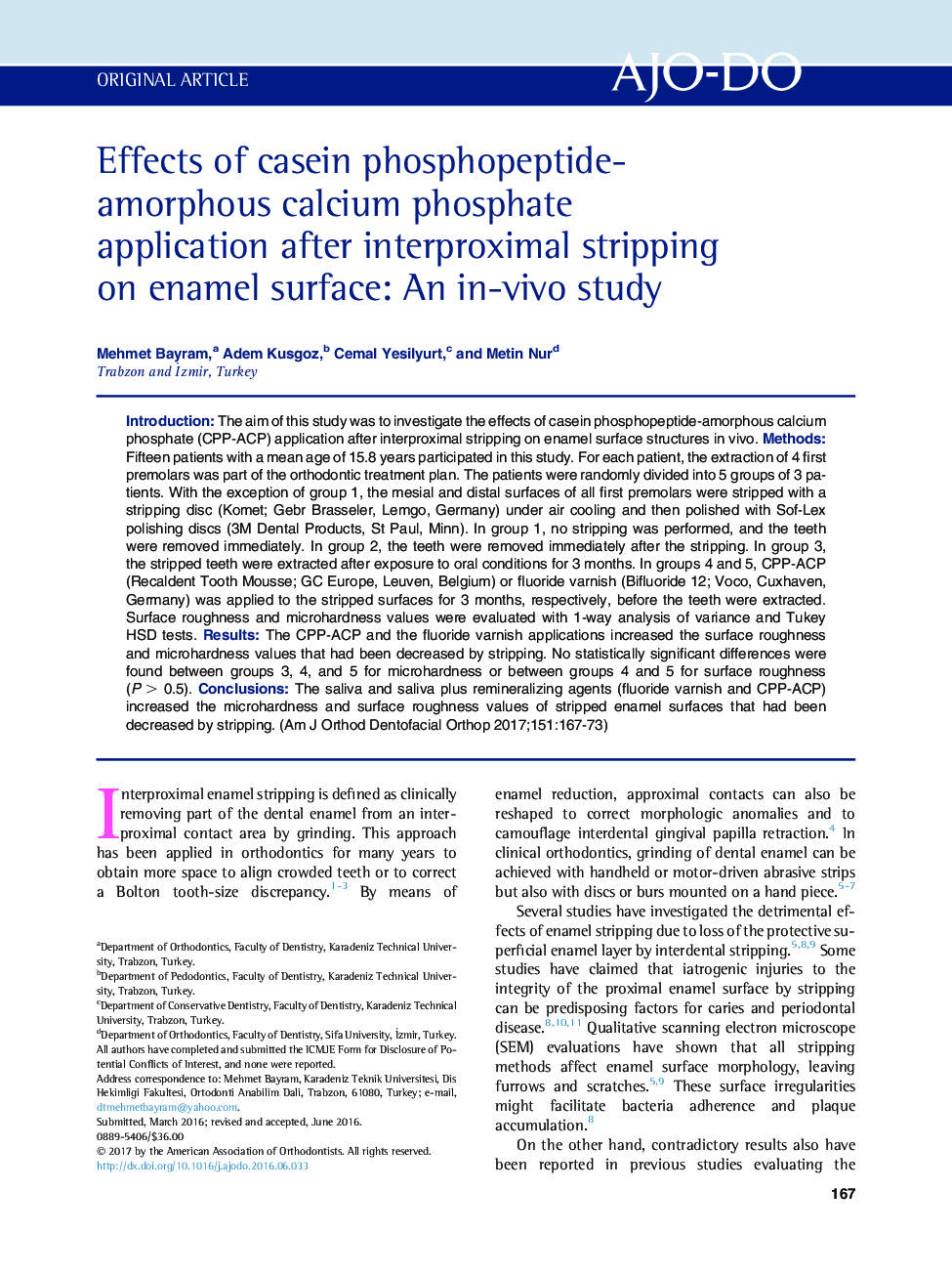 Effects of casein phosphopeptide-amorphous calcium phosphate application after interproximal stripping on enamel surface: An in-vivo study