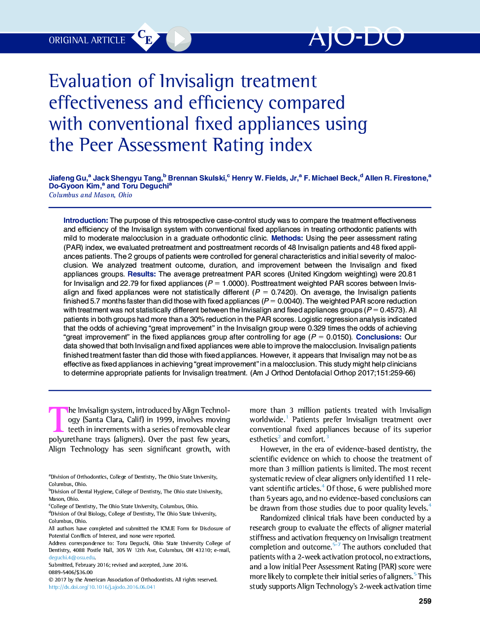 Evaluation of Invisalign treatment effectiveness and efficiency compared with conventional fixed appliances using the Peer Assessment Rating index