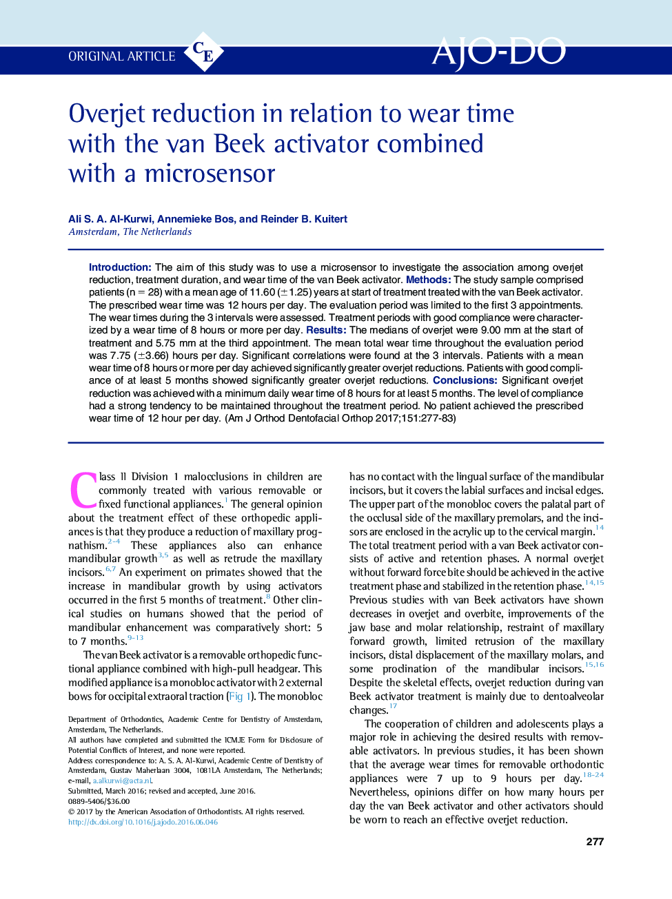 Overjet reduction in relation to wear time with the van Beek activator combined with a microsensor