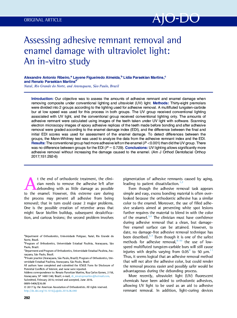Assessing adhesive remnant removal and enamel damage with ultraviolet light: An in-vitro study