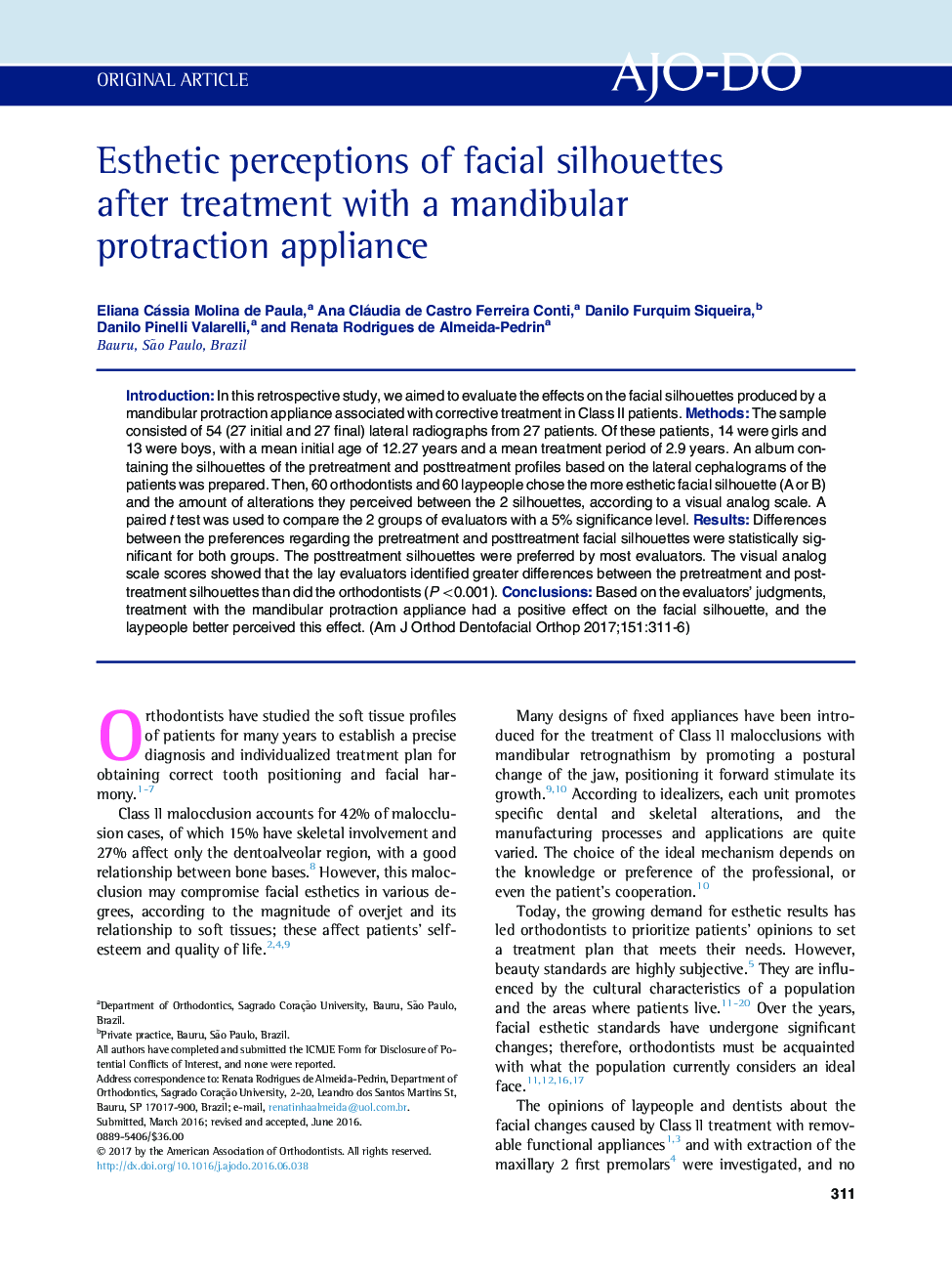 Esthetic perceptions of facial silhouettes after treatment with a mandibular protraction appliance