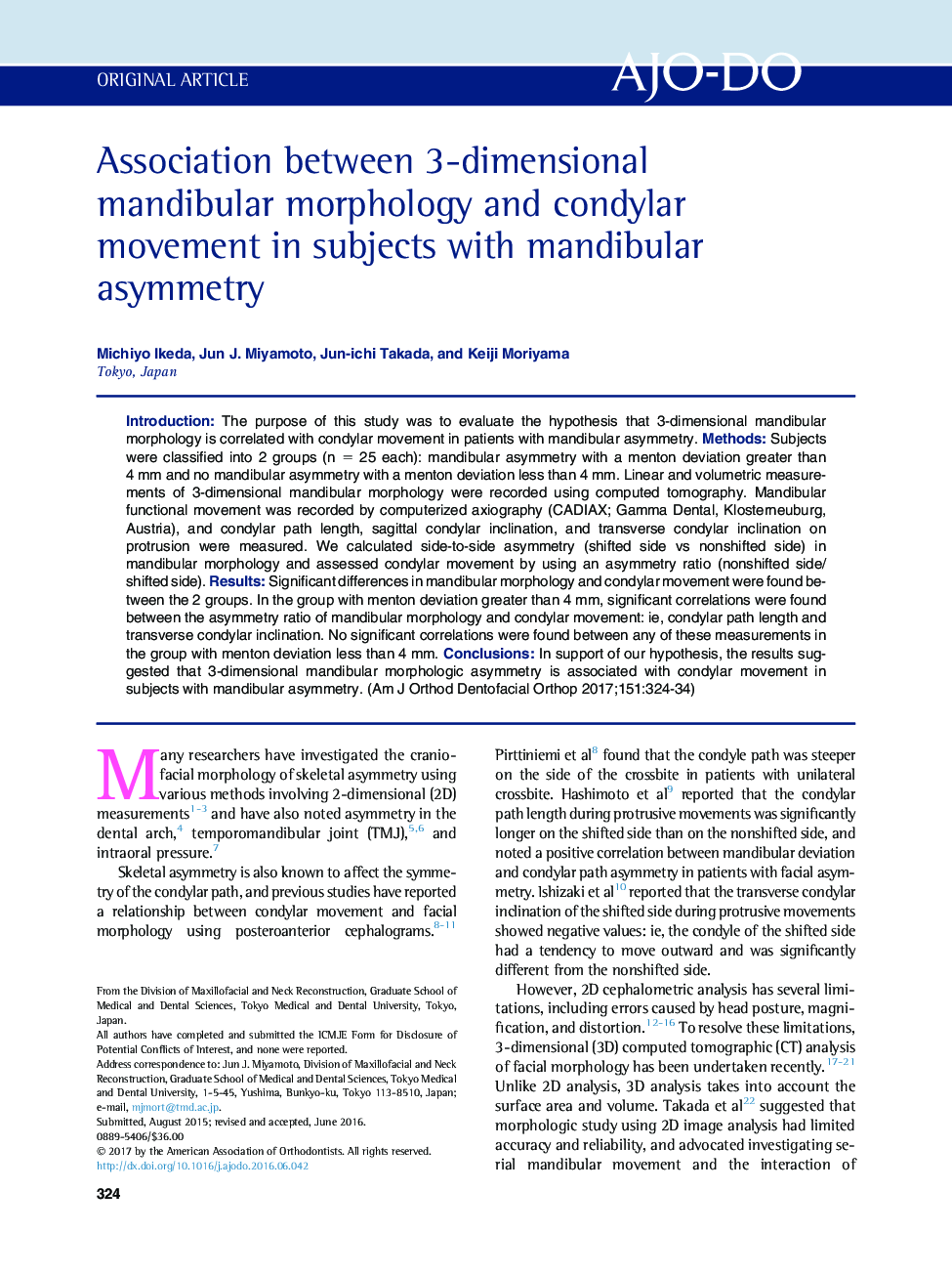 Association between 3-dimensional mandibular morphology and condylar movement in subjects with mandibular asymmetry