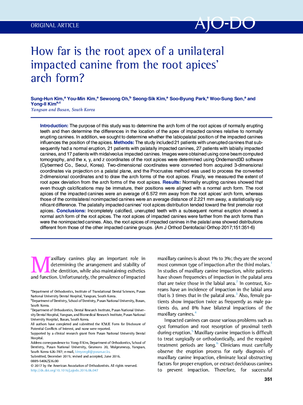 How far is the root apex of a unilateral impacted canine from the root apices' arch form?