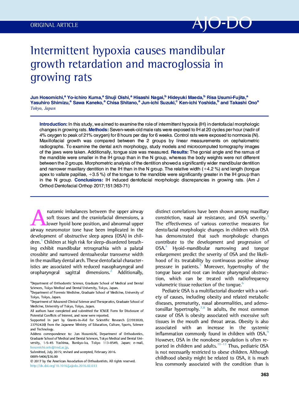 Intermittent hypoxia causes mandibular growth retardation and macroglossia in growing rats