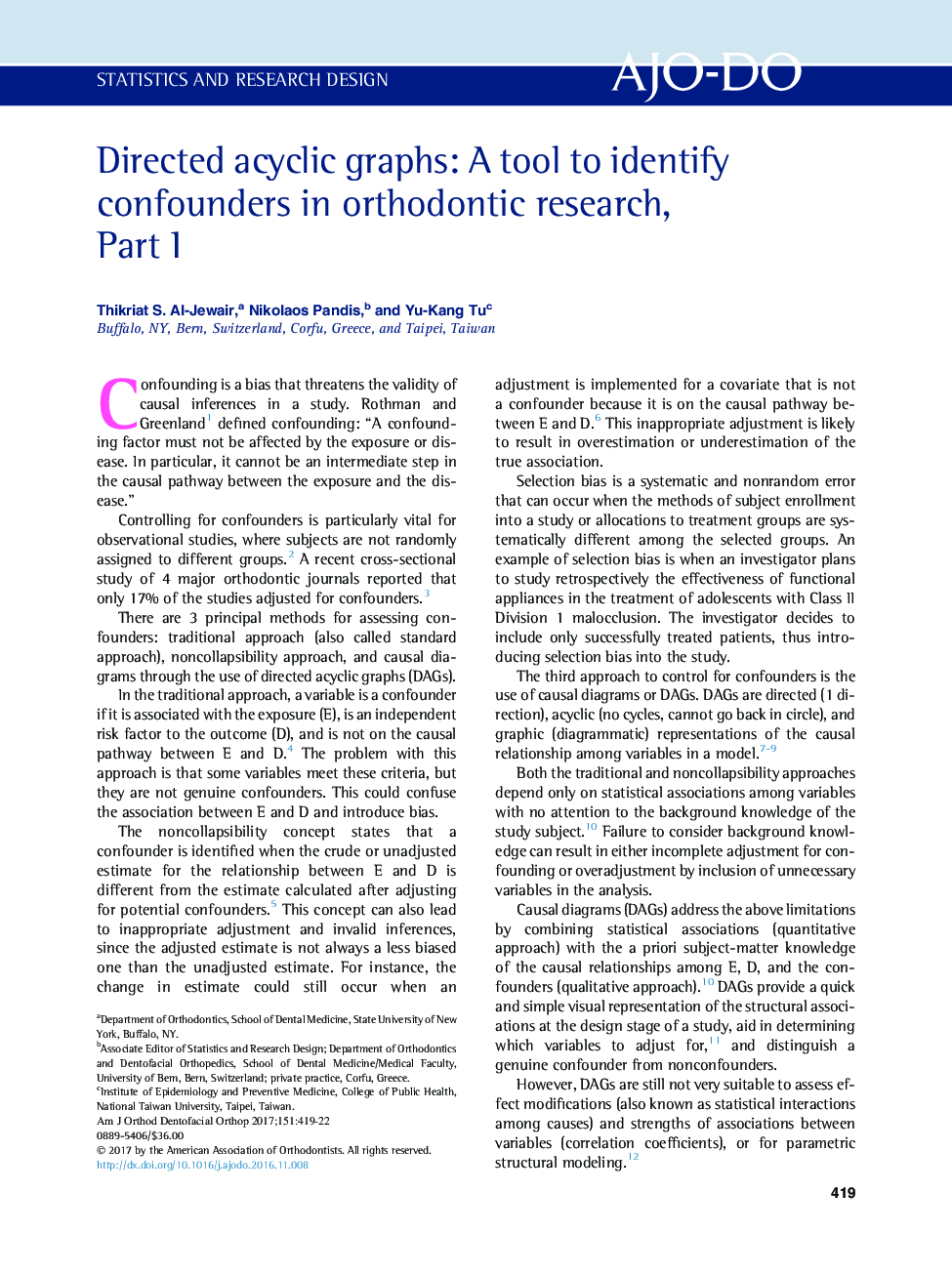 Directed acyclic graphs: A tool to identify confounders in orthodontic research, Part I