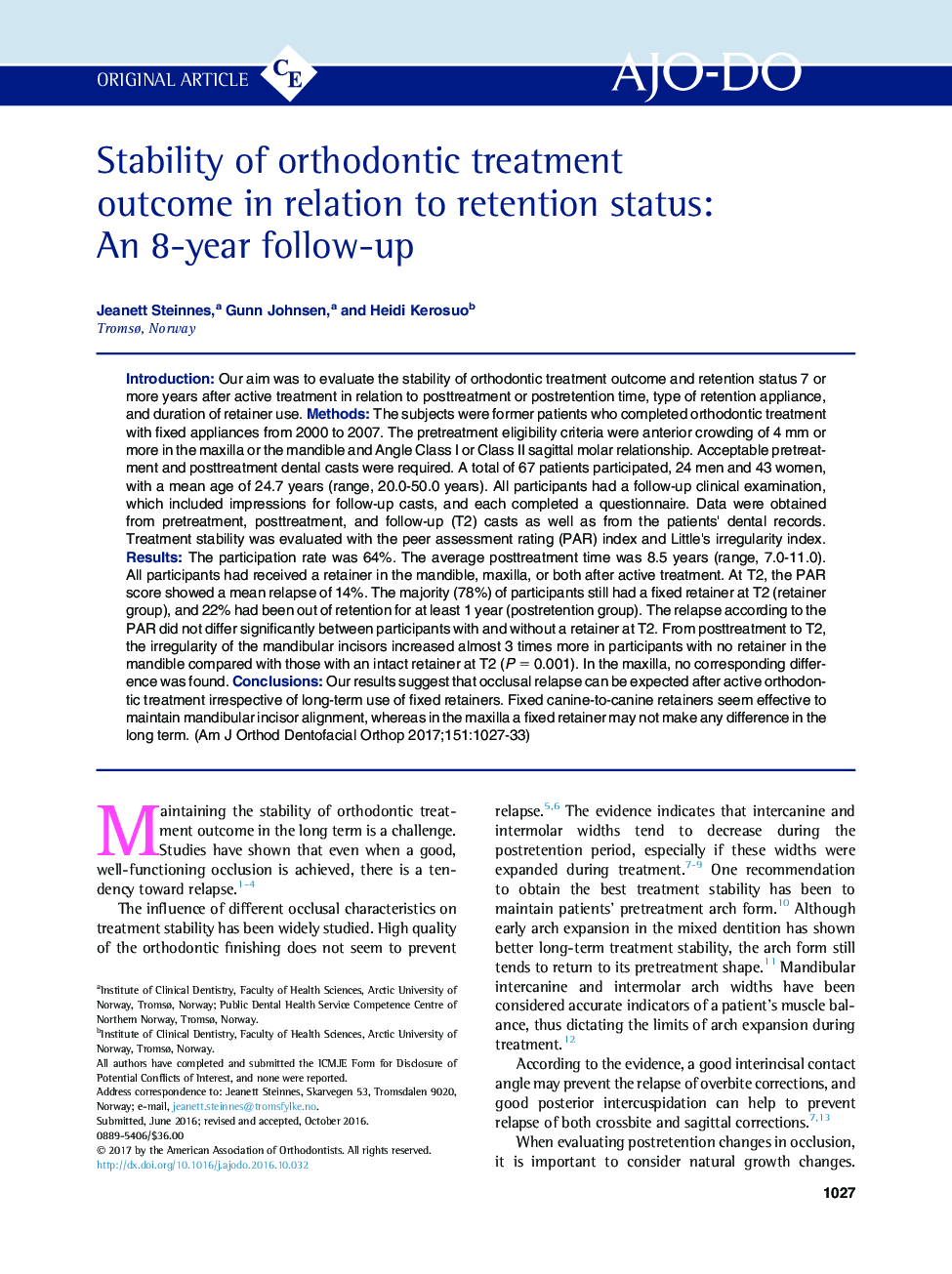 Stability of orthodontic treatment outcome in relation to retention status: An 8-year follow-up