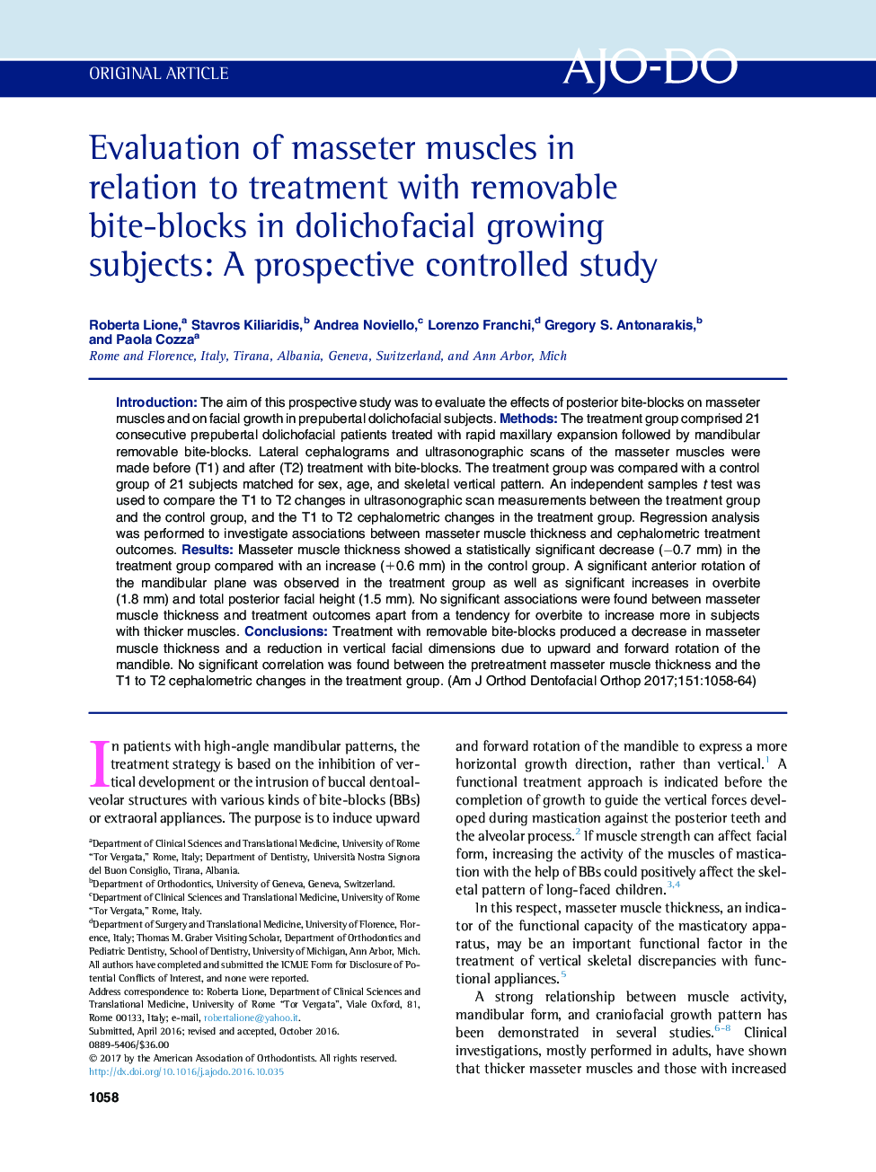 Evaluation of masseter muscles in relation to treatment with removable bite-blocks in dolichofacial growing subjects: A prospective controlled study