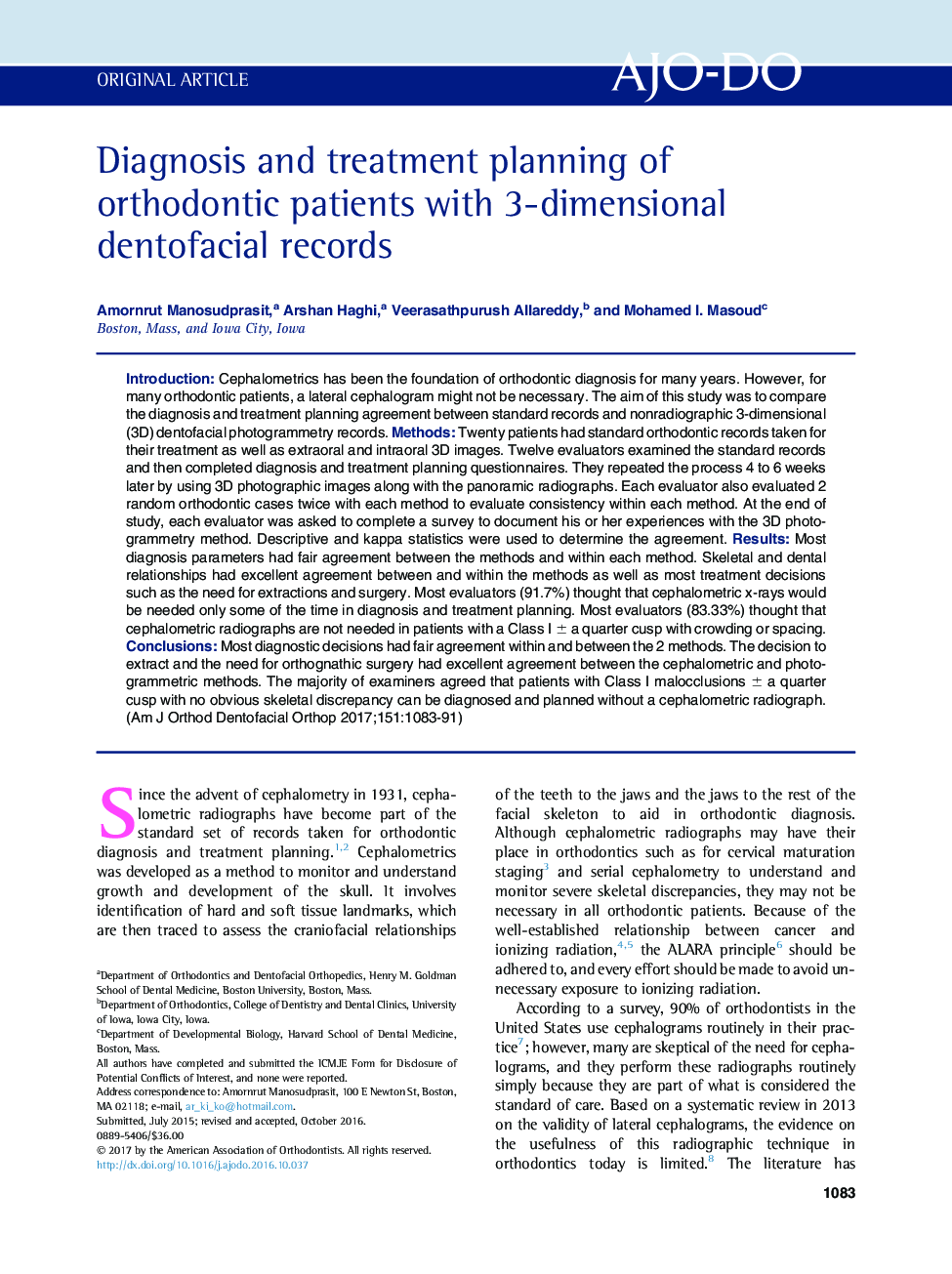 Diagnosis and treatment planning of orthodontic patients with 3-dimensional dentofacial records