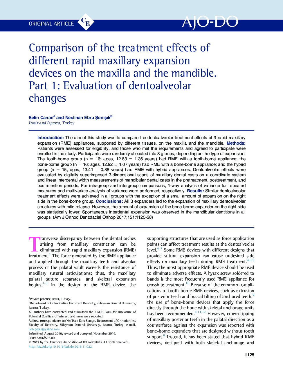 Comparison of the treatment effects of different rapid maxillary expansion devices on the maxilla and the mandible. Part 1: Evaluation of dentoalveolar changes