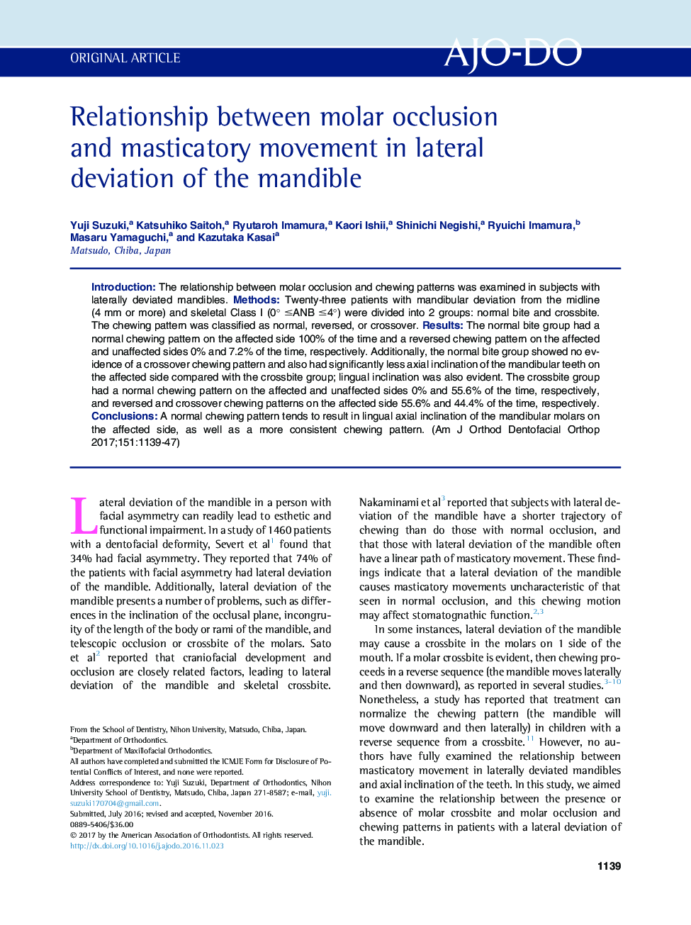 Relationship between molar occlusion and masticatory movement in lateral deviation of the mandible