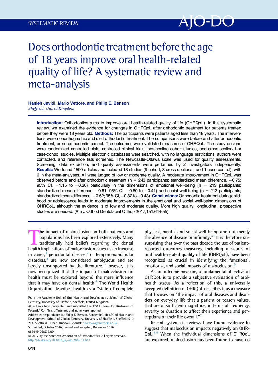 Does orthodontic treatment before the age of 18Â years improve oral health-related quality of life? A systematic review and meta-analysis