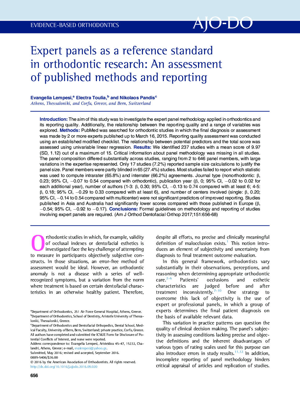 Expert panels as a reference standard in orthodontic research: An assessment of published methods and reporting