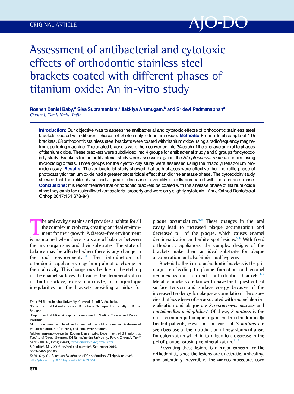 Assessment of antibacterial and cytotoxic effects of orthodontic stainless steel brackets coated with different phases of titanium oxide: An in-vitro study