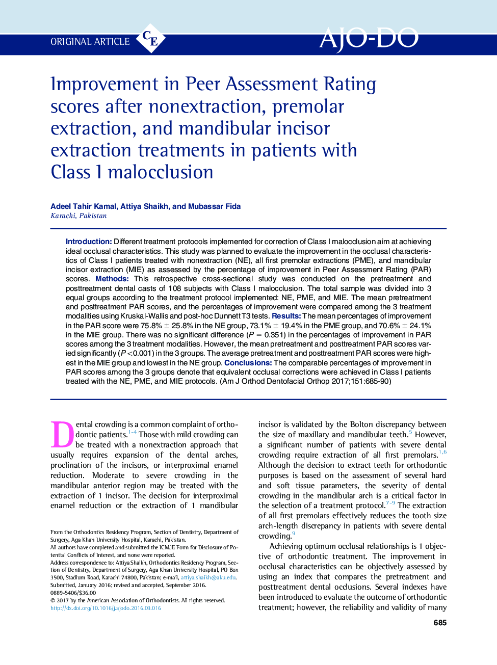 Improvement in Peer Assessment Rating scores after nonextraction, premolar extraction, and mandibular incisor extraction treatments in patients with Class I malocclusion