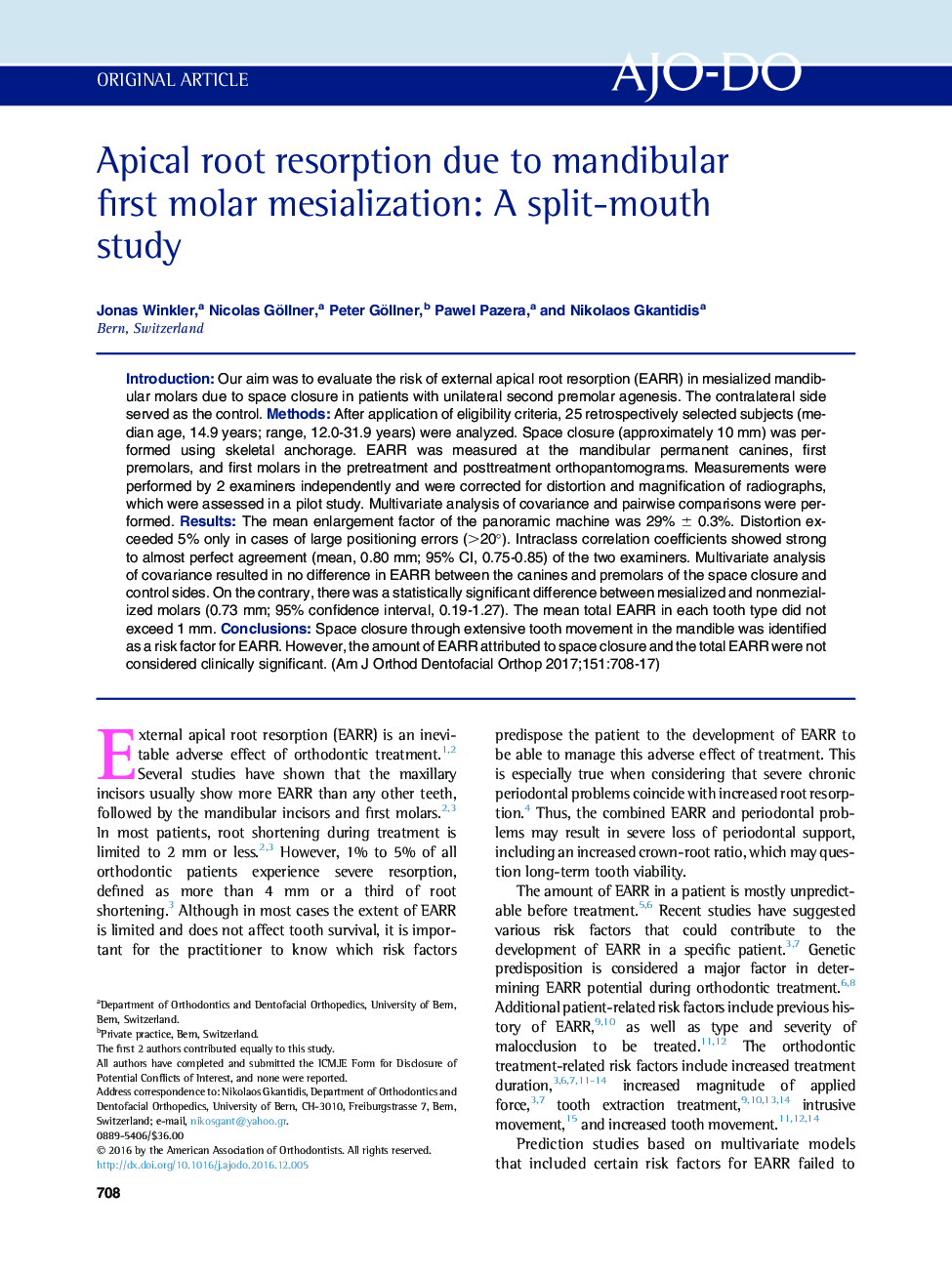 Apical root resorption due to mandibular first molar mesialization: A split-mouth study