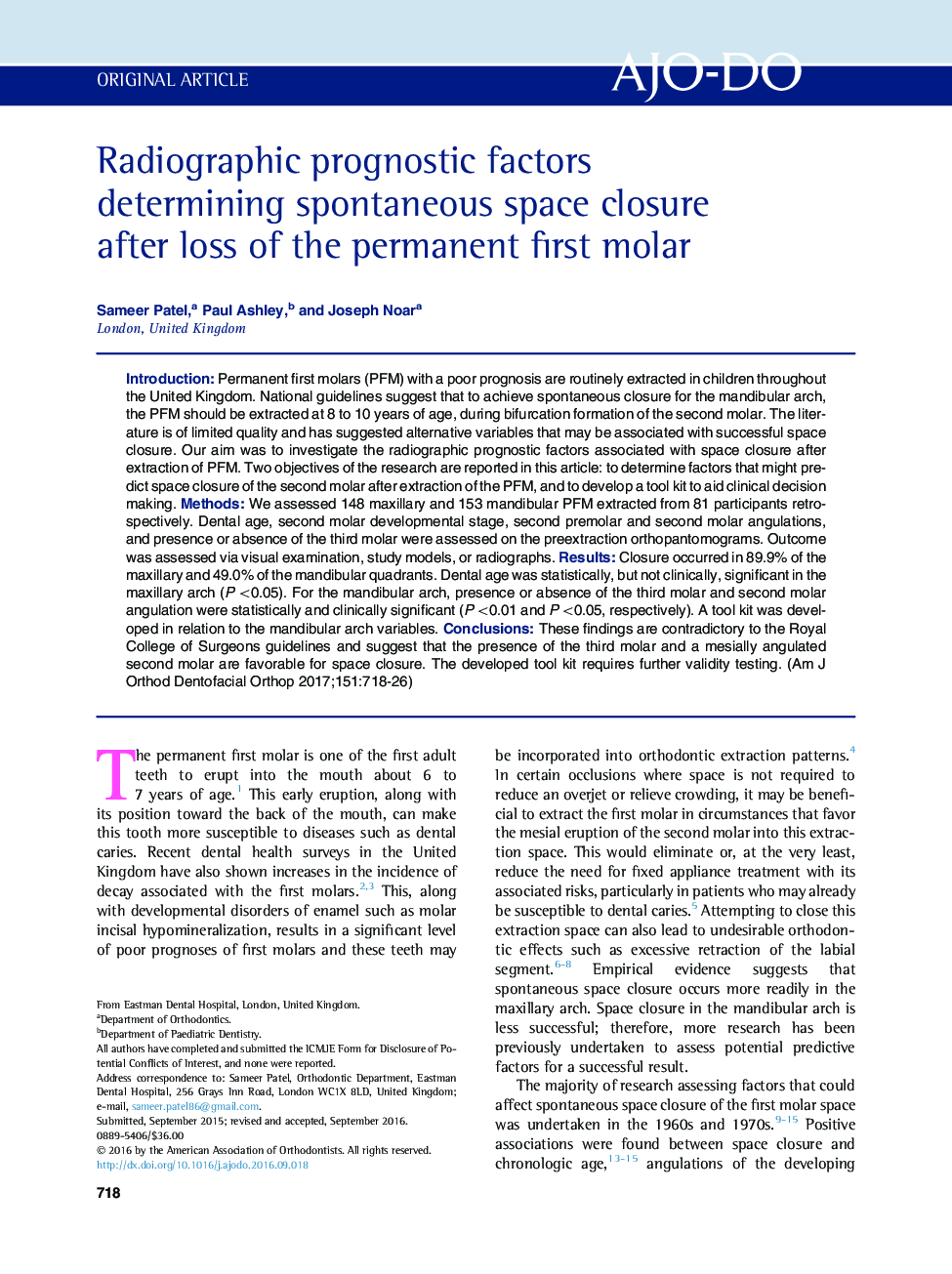 Radiographic prognostic factors determining spontaneous space closure after loss of the permanent first molar