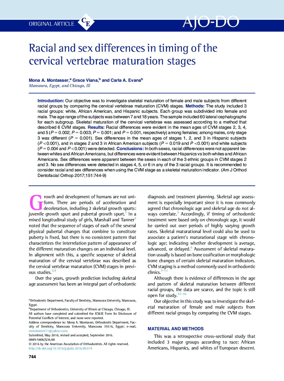 Racial and sex differences in timing of the cervical vertebrae maturation stages