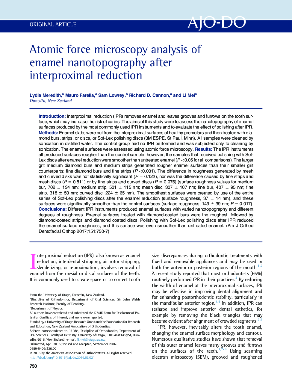 Atomic force microscopy analysis of enamel nanotopography after interproximal reduction