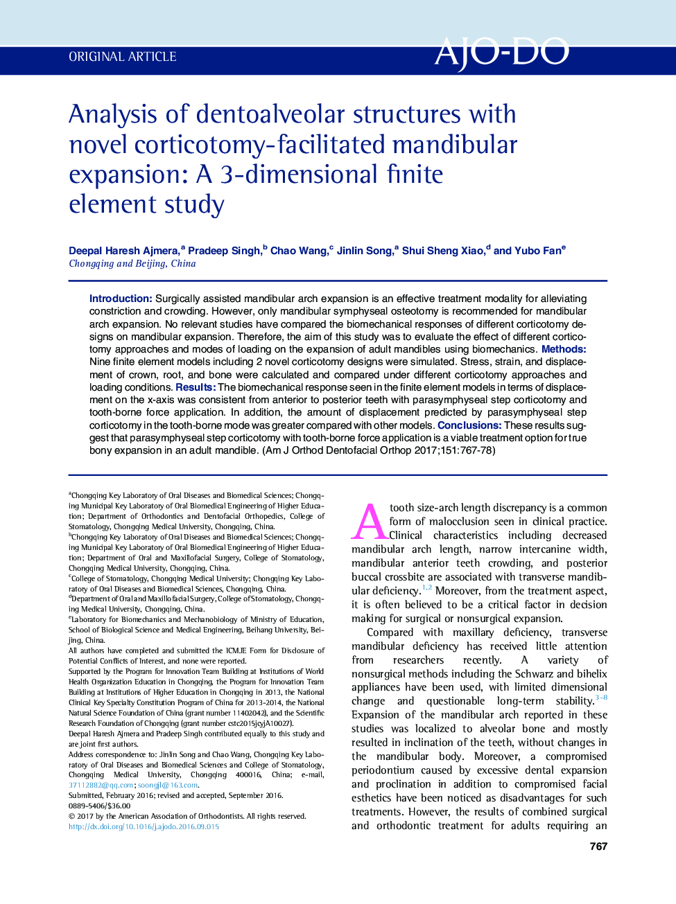 Analysis of dentoalveolar structures with novel corticotomy-facilitated mandibular expansion: A 3-dimensional finite element study