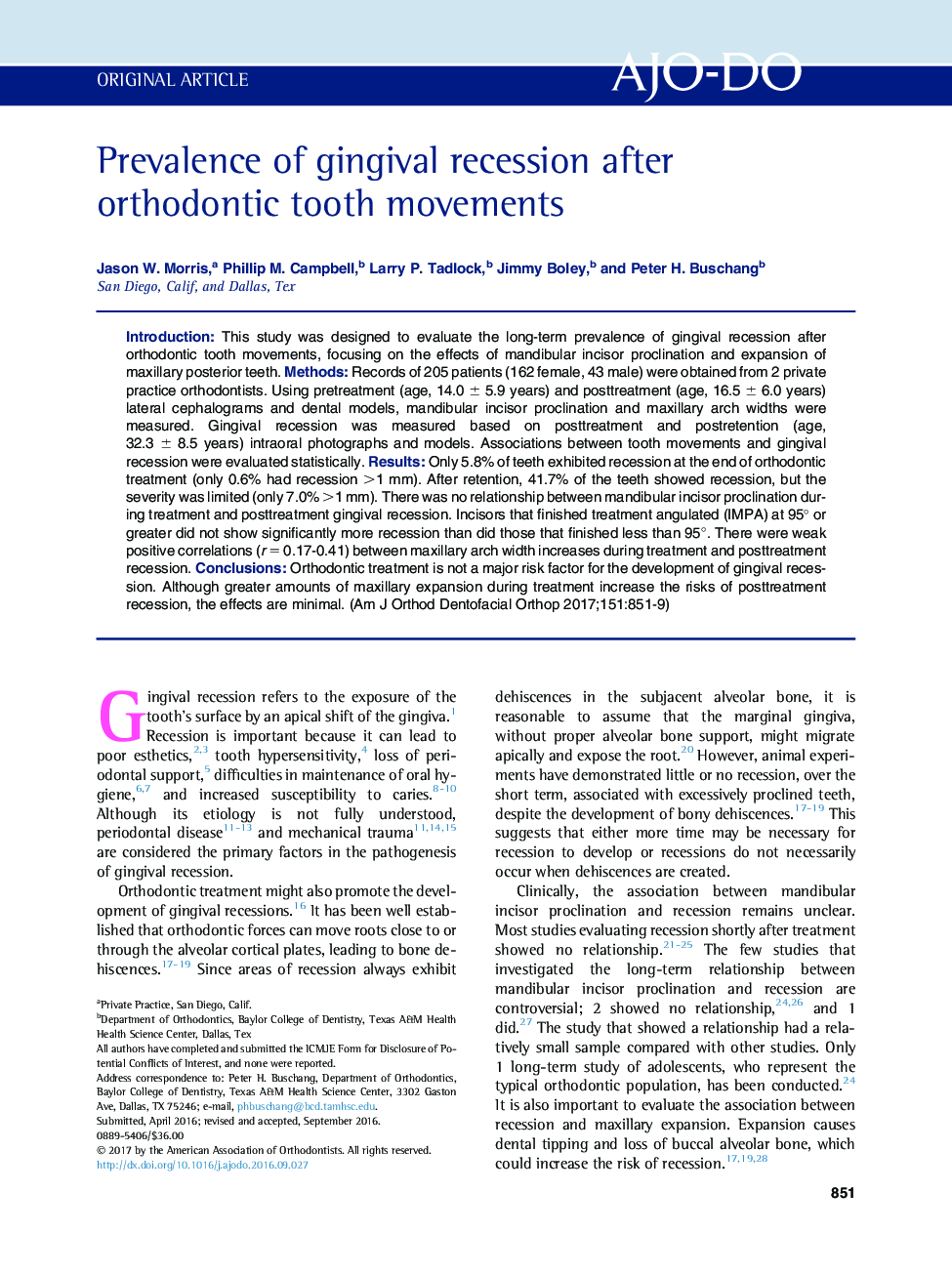 Prevalence of gingival recession after orthodontic tooth movements