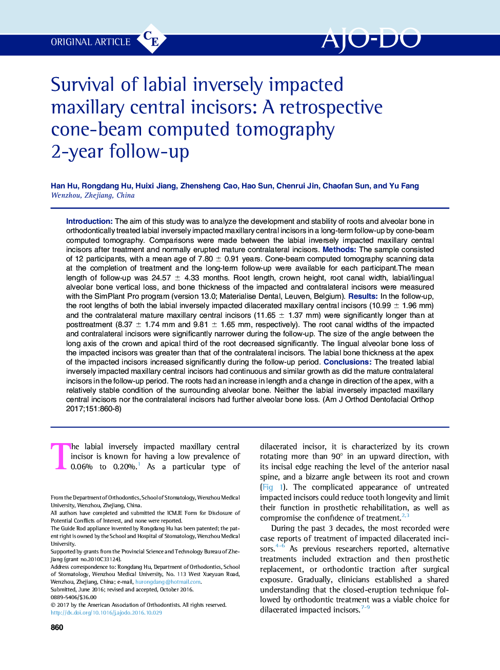 Survival of labial inversely impacted maxillary central incisors: A retrospective cone-beam computed tomography 2-year follow-up